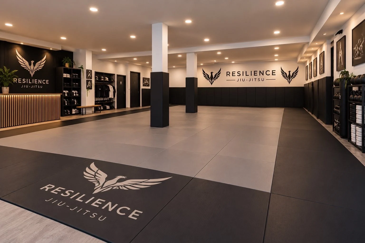 Projection d'ambiance du dojo avec tatamis et phénix, créée par IA