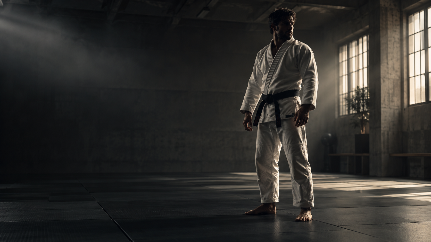 Visuel d'ambiance généré par IA : un pratiquant de jiu-jitsu dans un dojo sombre