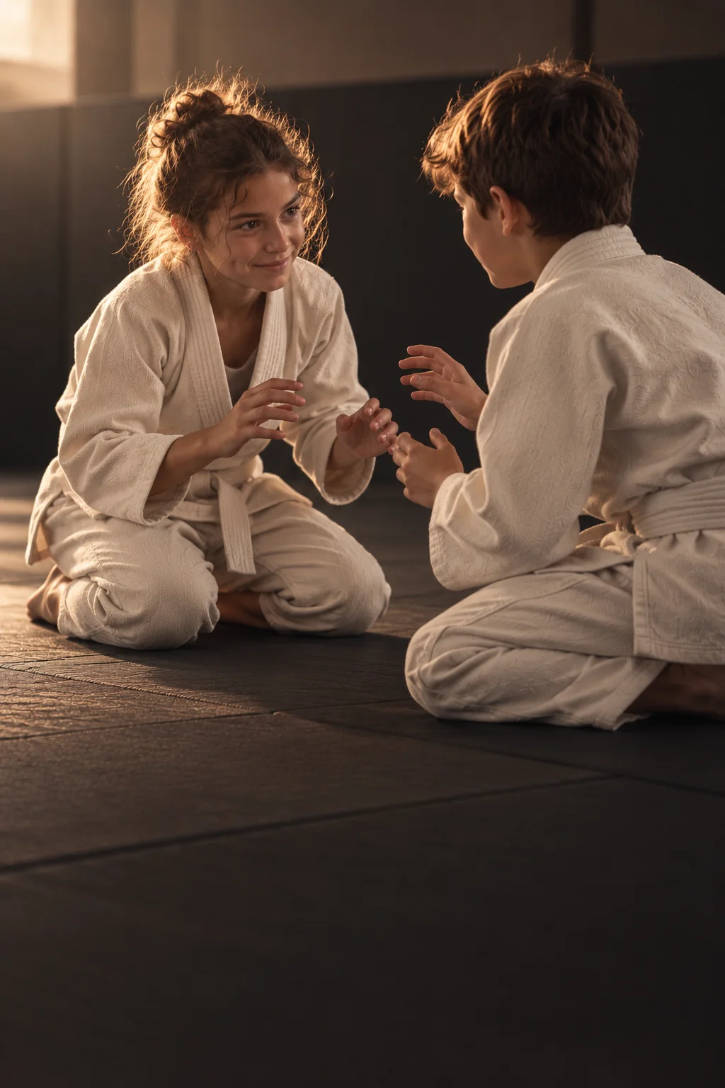Deux enfants en kimono sur le tatami, visuel d'ambiance généré par IA